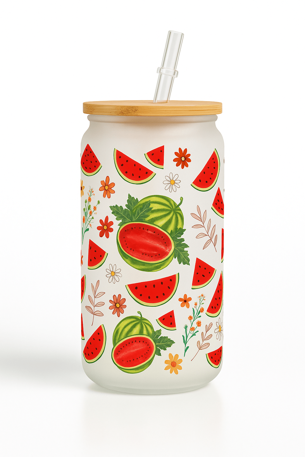 Frostet Glasskopp med Vannmelonmotiv – 16 oz med Bambuslokk og Sugerør - masdam.cheer