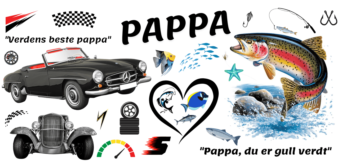 Personlig emaljekopp til pappa – bil og fiske design - masdam.cheer