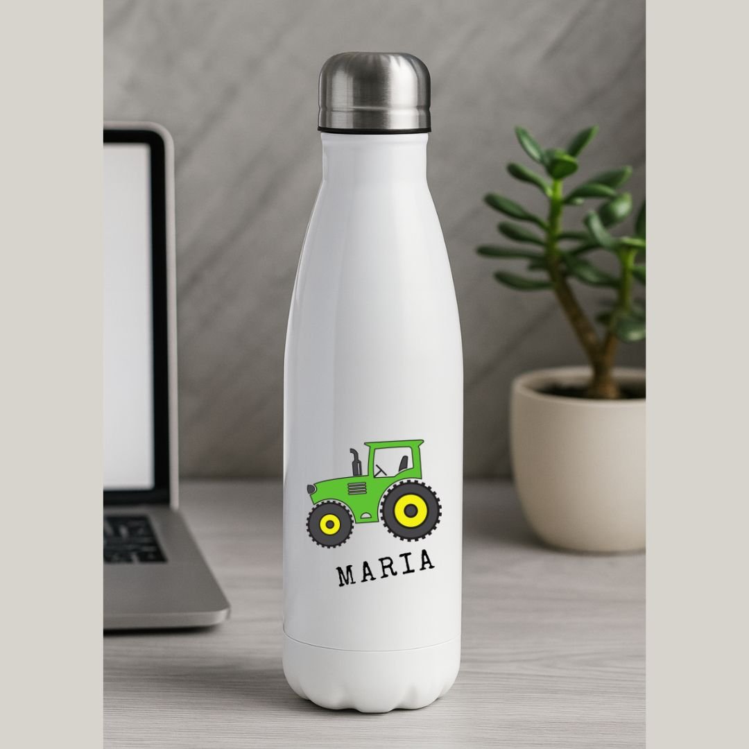 Drikkeflaske med traktor‑motiv og navn – Tilpasset thermo‑flaske - masdam.cheer