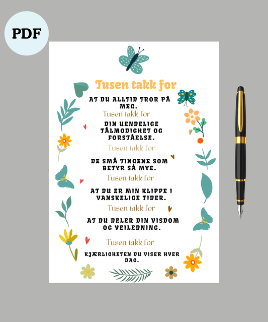 Emosjonell “Tusen takk for” - plakat A4 | Digital nedlasting | Inspirerende veggkunst & takknemlighetsgave - masdam.cheer