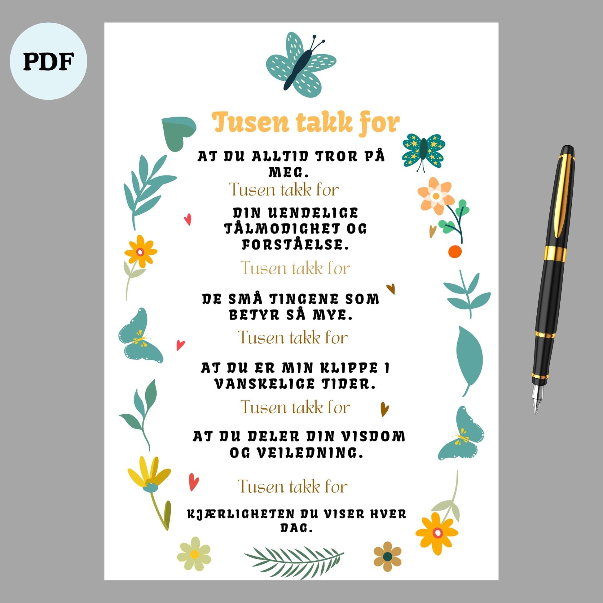 Emosjonell “Tusen takk for” - plakat A4 | Digital nedlasting | Inspirerende veggkunst & takknemlighetsgave - masdam.cheer