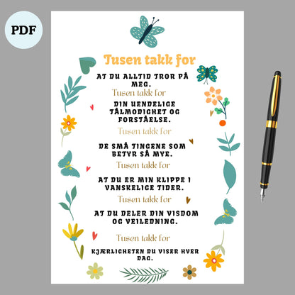 Emosjonell “Tusen takk for” - plakat A4 | Digital nedlasting | Inspirerende veggkunst & takknemlighetsgave - masdam.cheer