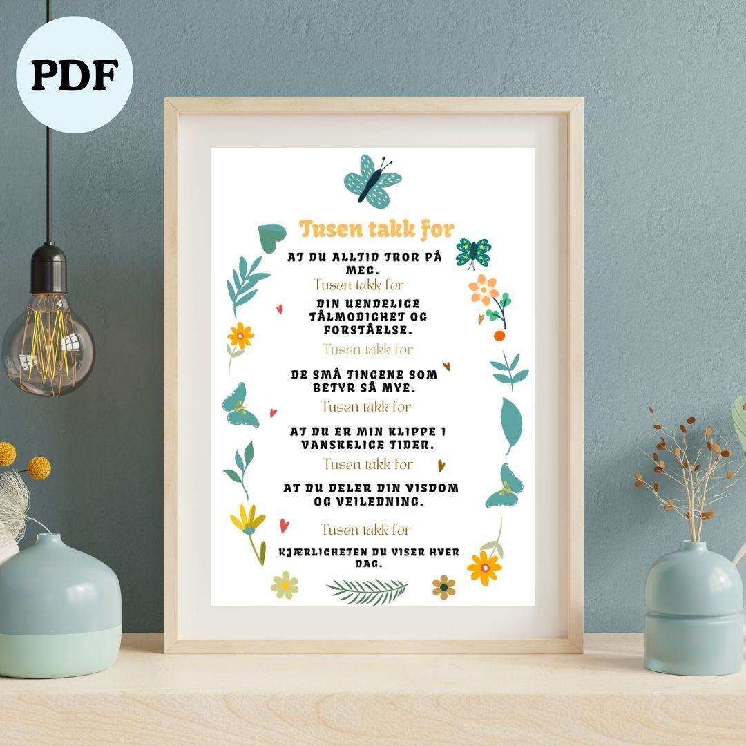 Emosjonell “Tusen takk for” - plakat A4 | Digital nedlasting | Inspirerende veggkunst & takknemlighetsgave - masdam.cheer