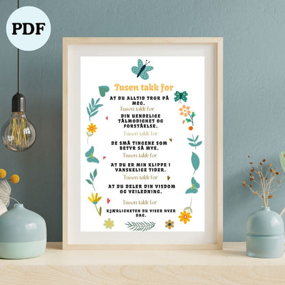 Emosjonell “Tusen takk for” - plakat A4 | Digital nedlasting | Inspirerende veggkunst & takknemlighetsgave - masdam.cheer