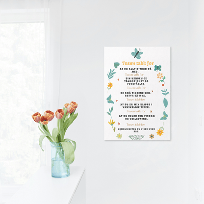 Emosjonell “Tusen takk for” - plakat A4 | Digital nedlasting | Inspirerende veggkunst & takknemlighetsgave - masdam.cheer