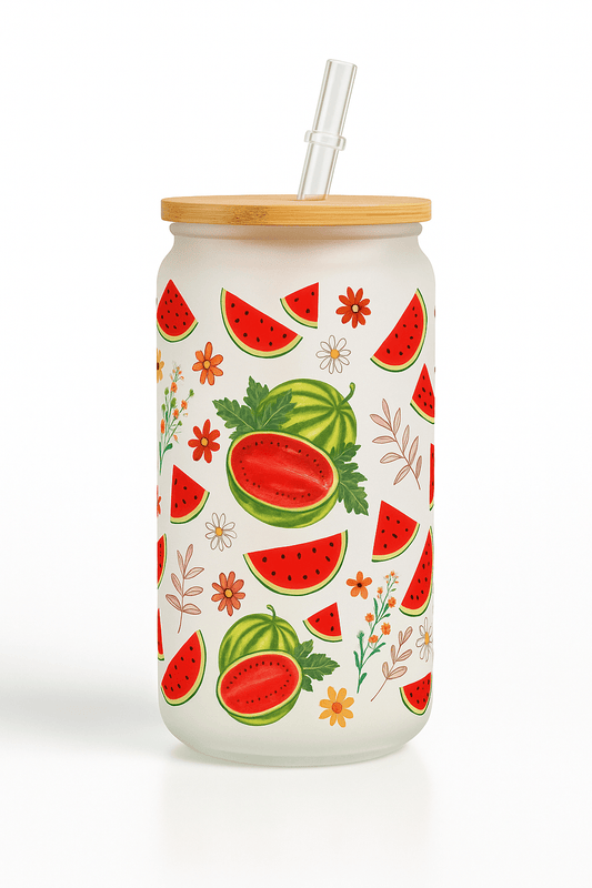 Frostet Glasskopp med Vannmelonmotiv – 16 oz med Bambuslokk og Sugerør - masdam.cheer