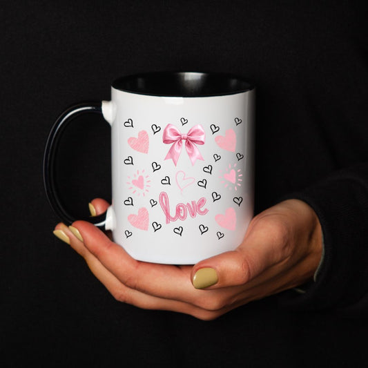Keramikkrus med Rosa Sløyfe, Hjerter & «Love» (Sort hank) - masdam.cheer