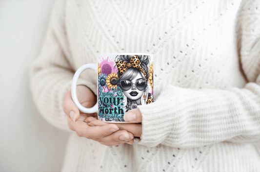 Know Your Worth" Motivational Mug - 11 oz Empowering Ceramic Cup - masdam.cheer