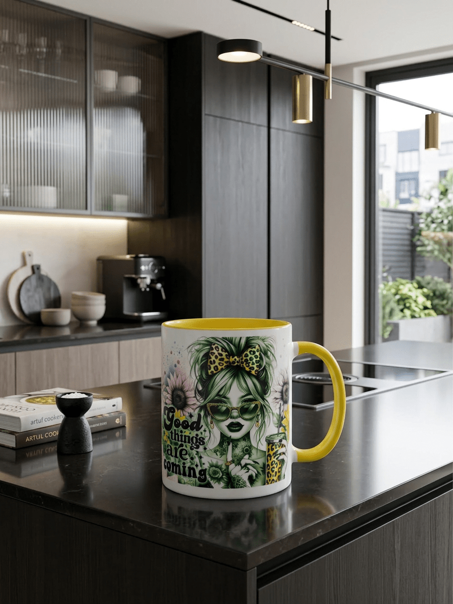 Krus med tekst – Good things are coming - Gul hank og innside - masdam.cheer