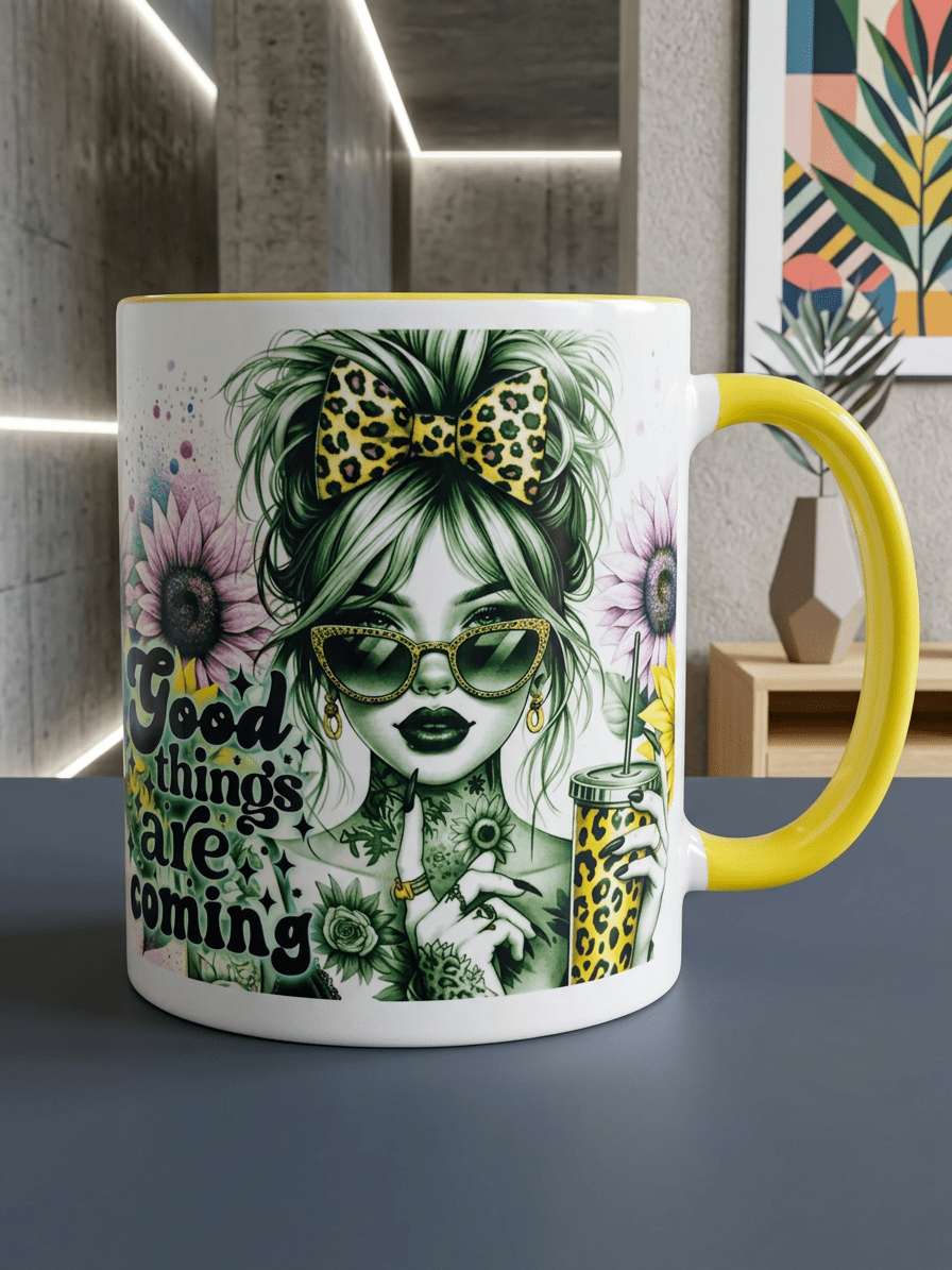 Krus med tekst – Good things are coming - Gul hank og innside - masdam.cheer