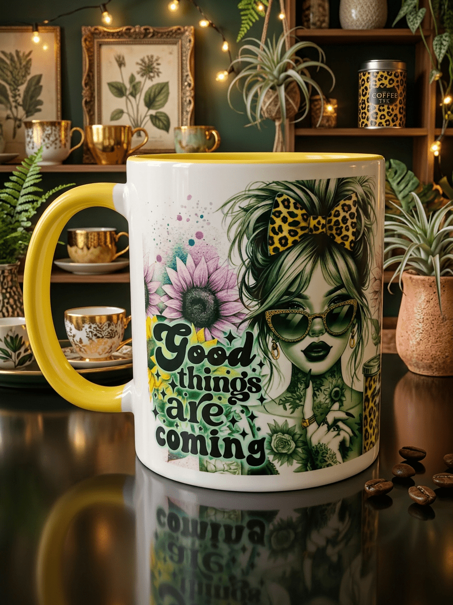 Krus med tekst – Good things are coming - Gul hank og innside - masdam.cheer