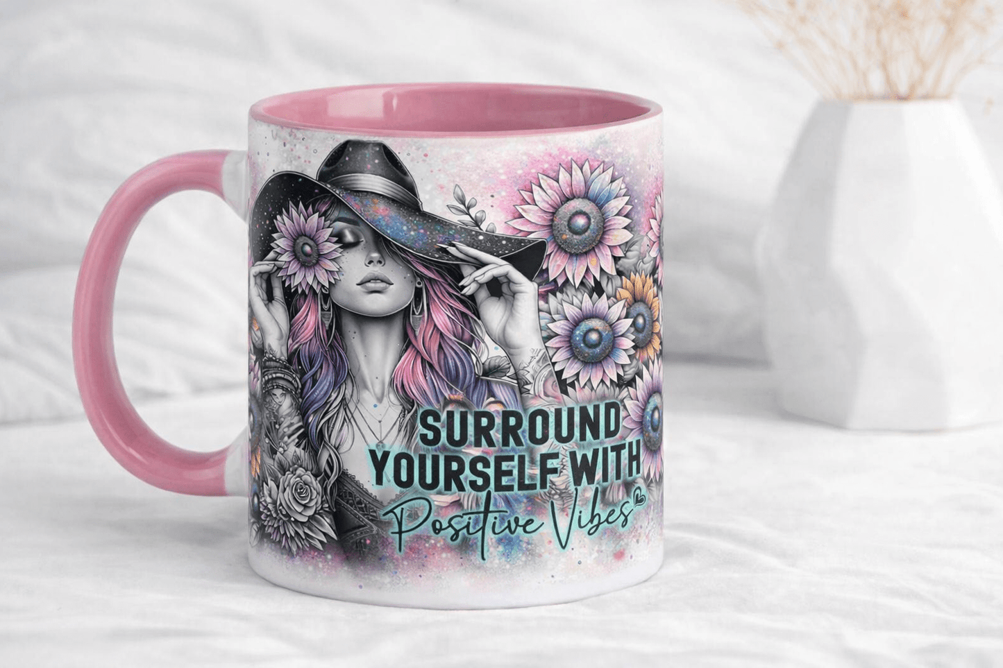Krus med tekst – Positive Vibes - Rosa hank og innside - masdam.cheer