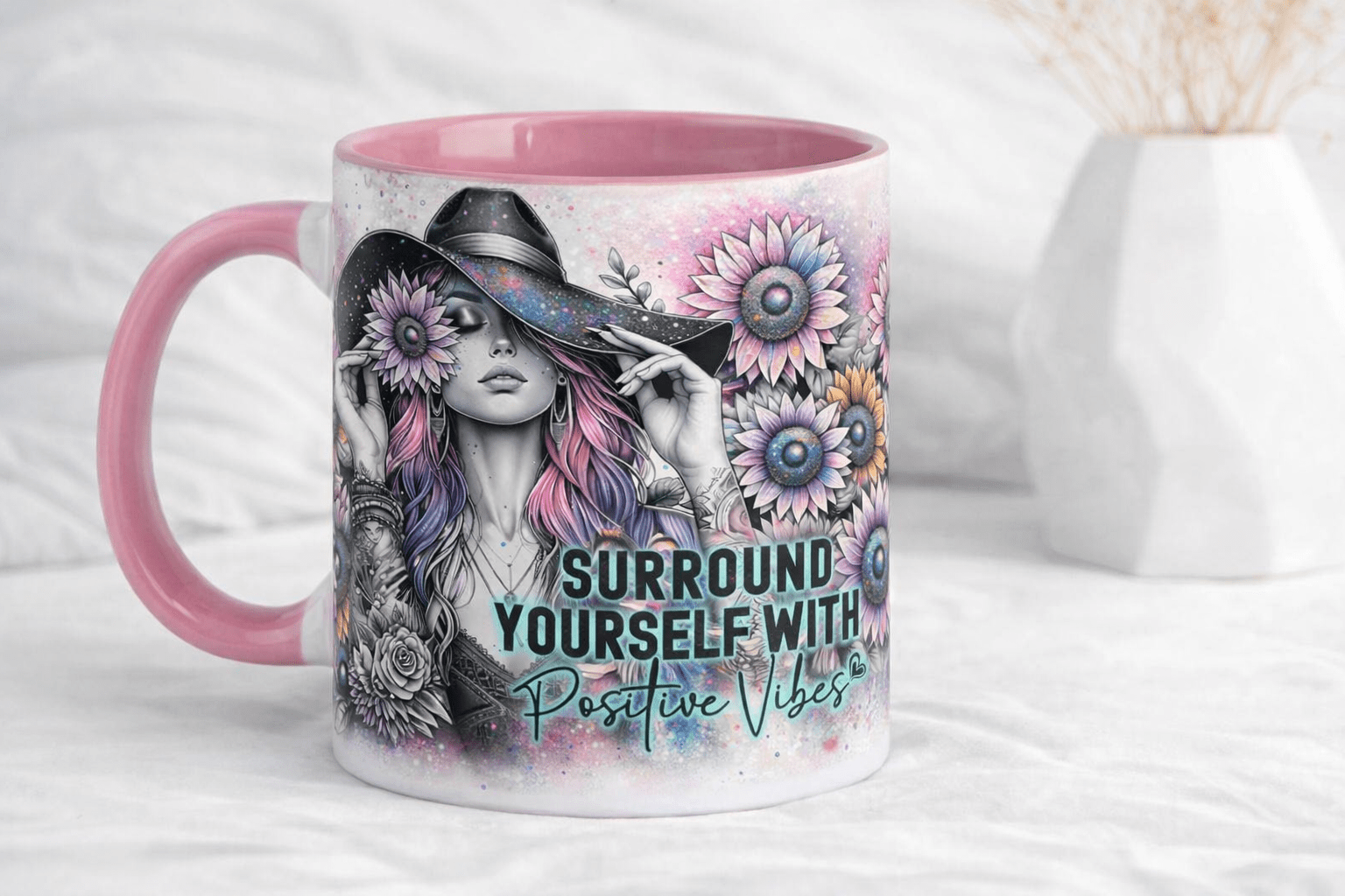 Krus med tekst – Positive Vibes - Rosa hank og innside - masdam.cheer