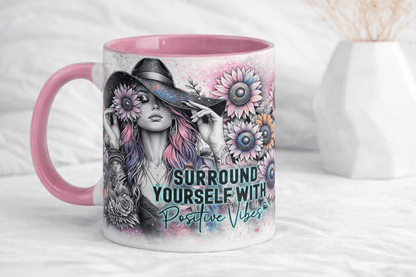 Krus med tekst – Positive Vibes - Rosa hank og innside - masdam.cheer
