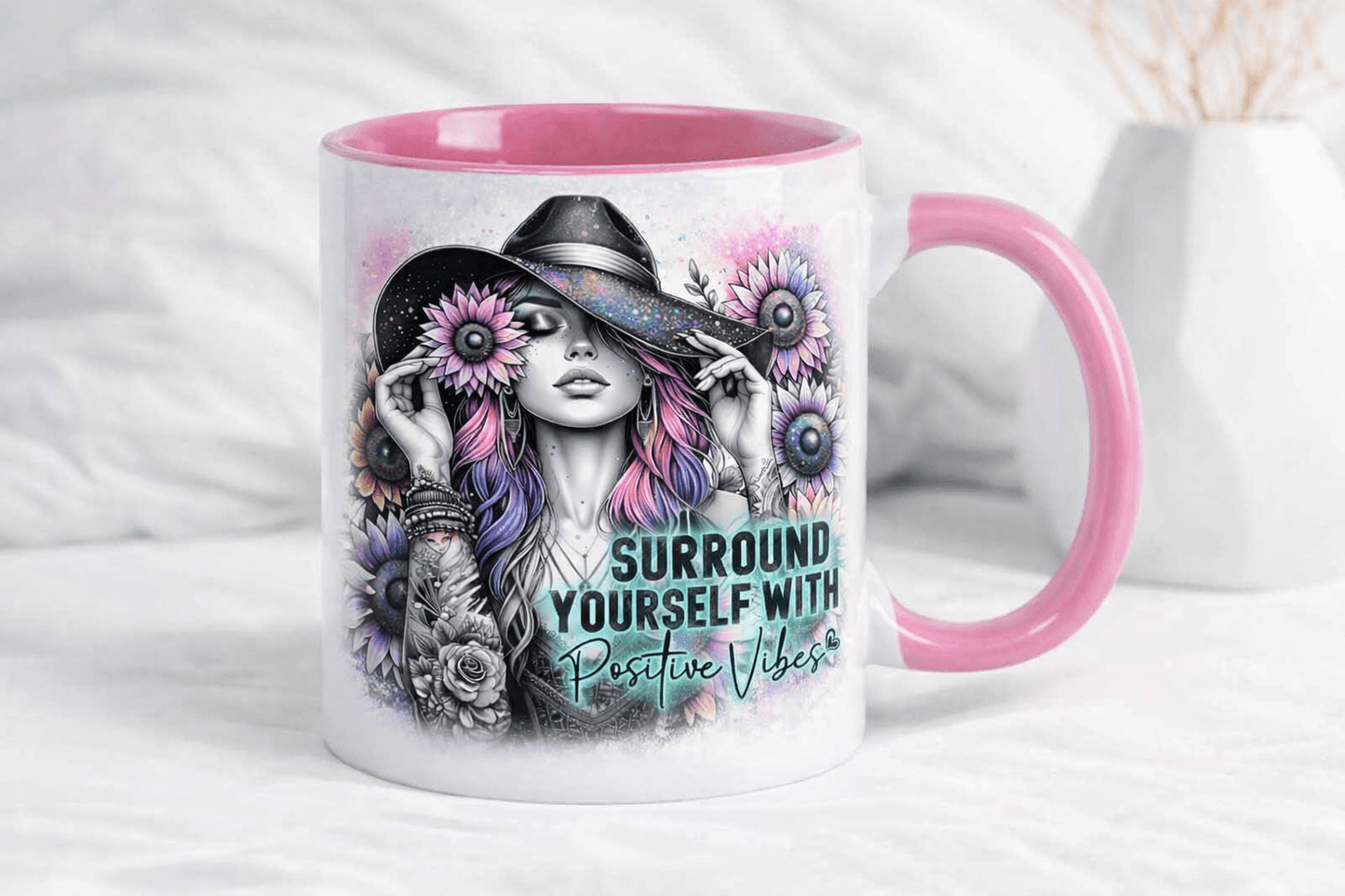 Krus med tekst – Positive Vibes - Rosa hank og innside - masdam.cheer