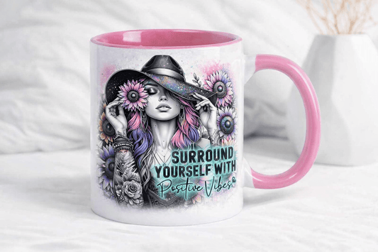 Krus med tekst – Positive Vibes - Rosa hank og innside - masdam.cheer