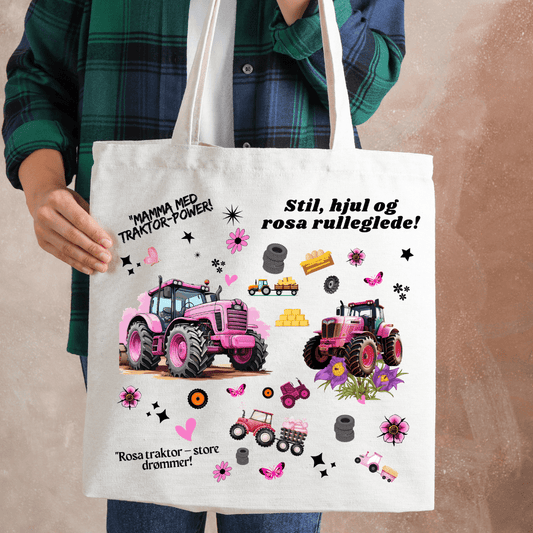 Mamma med traktor - power" Totebag – Kraftig 10 oz handlenett med rosa traktor - masdam.cheer