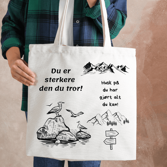 Motiverende Totebag "Du er sterkere" Slitesterkt tøynett i 10 oz bomull - masdam.cheer