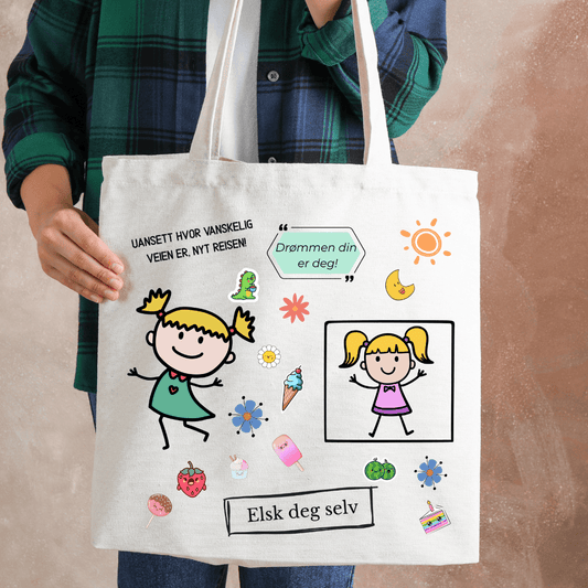 Motiverende Totebag – "Elsk deg selv" Slitesterkt tøynett i 10 oz bomull - masdam.cheer