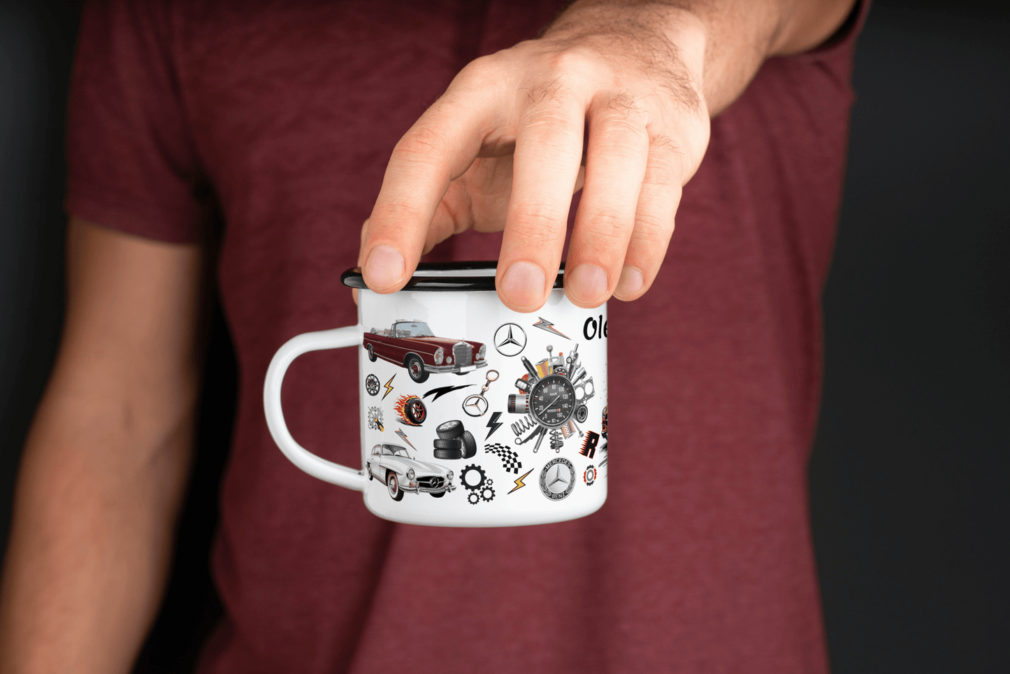 Personlig emaljekopp med bil‑design – velg navn og tekst - masdam.cheer