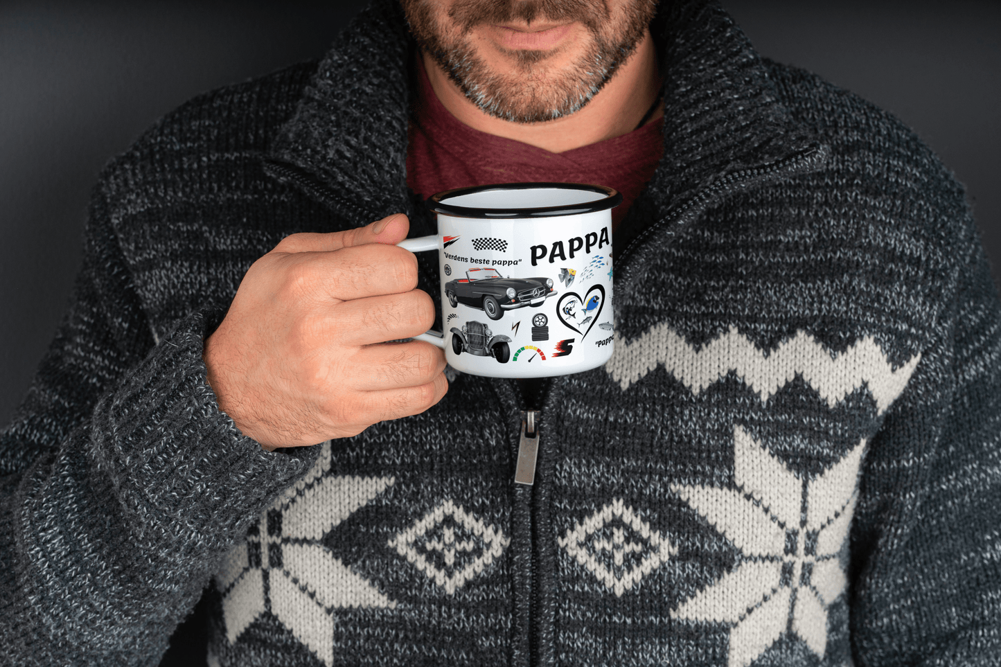 Personlig emaljekopp til pappa – bil og fiske design - masdam.cheer