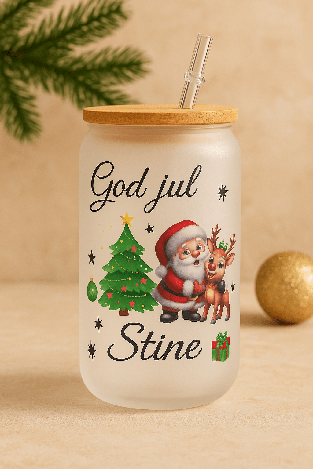 Personlig juleglass med sugerør – God Jul design (egen tekst) - masdam.cheer