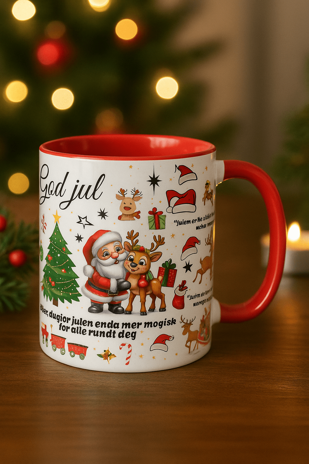 Personlig julekrus – “God Jul” - design med koselig juletekst | Rød kopp med navn - masdam.cheer