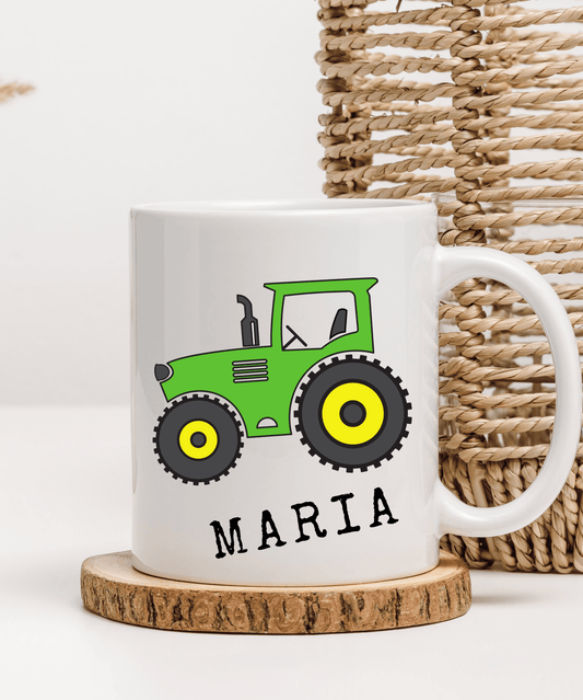 Personlig kopp med grønn traktor – Gave med navn til barn eller traktor - fan - masdam.cheer