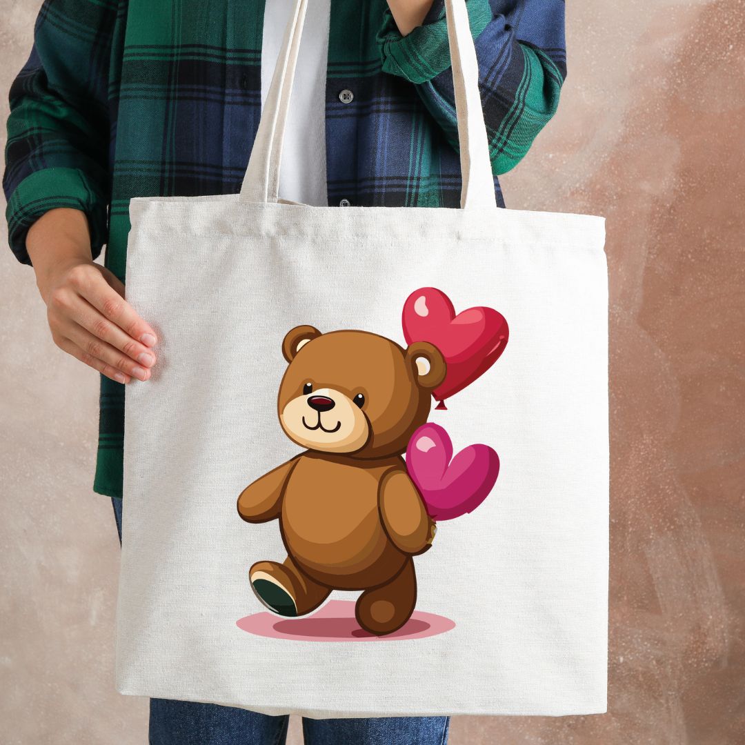 Totebag med Søt Bamse – Slitesterk Stoffpose med Hjerter - masdam.cheer